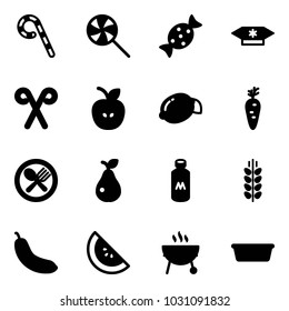 Solid vector icon set - lollipop vector, candy, santa stick, apple, lemon, carrot, fork spoon plate, pear, milk, spica, banana, watermelone, grill, basin