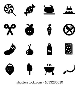 Solid vector icon set - lollipop vector, candy, turkey, cake, santa stick, apple, carrot, fork spoon plate, eggplant, onion, milk, breads, strawberry, ice cream, grill, sickle