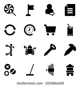 Solid vector icon set - lollipop vector, flag, user login, document, refresh, clock around, cart, drink, bezier, robot, screw, rivet, rake, allen key set, toy block house