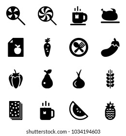 Solid vector icon set - lollipop vector, tea, turkey, diet list, carrot, fork spoon plate, eggplant, sweet pepper, pear, onion, spica, breads, green, watermelone, pineapple