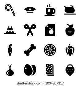 Solid vector icon set - lollipop vector, candy, tea, turkey, cake, santa stick, diet list, apple, carrot, broken bone, lemon slice, sweet pepper, onion, eggs, breads, strawberry