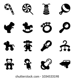 Solid Vector Icon Set - Lollipop Vector, Pyramid Toy, Beanbag, Dinosaur, Rocking Horse, Wheel, Doll, Baby Carousel, Bear, Soother, Water Gun