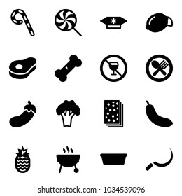 Solid vector icon set - lollipop vector, candy, lemon, meat, broken bone, no alcohol sign, fork spoon plate, eggplant, broccoli, breads, banana, pineapple, grill, basin, sickle