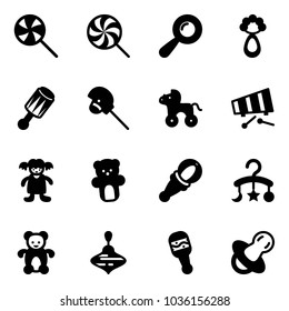 Solid vector icon set - lollipop vector, beanbag, horse stick toy, wheel, xylophone, doll, bear, baby carousel, wirligig, soother
