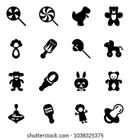 Solid vector icon set - lollipop vector, dinosaur toy, bear, beanbag, horse stick, wheel, doll, rabbit, wirligig, soother
