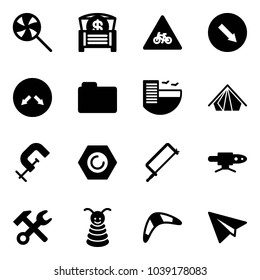 Solid vector icon set - lollipop vector, money chest, road for moto sign, detour, folder, hotel, tent, clamp, nut, metal hacksaw, pipe welding, wrench hammer, pyramid toy, boomerang, paper plane