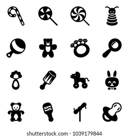 Solid vector icon set - lollipop vector, pyramid toy, beanbag, bear, wheel horse, rabbit, windmill, soother