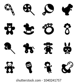 Solid vector icon set - lollipop vector, beanbag, dinosaur toy, bear, rocking horse, stick, wheel, doll, rabbit, soother