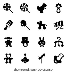 Solid vector icon set - lollipop vector, dinosaur toy, beanbag, horse stick, wheel, xylophone, doll, bear, rabbit, baby carousel, wirligig, windmill, soother