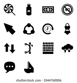 Solid vector icon set - lollipop vector, milk, dollar, end minimal speed limit road sign, cursor, social, clock around, swimsuit, up down arrows, bezier, binary code, cloud exchange data, chat