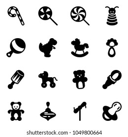 Solid vector icon set - lollipop vector, pyramid toy, beanbag, dinosaur, rocking horse, wheel, bear, wirligig, windmill, soother