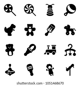Solid vector icon set - lollipop vector, pyramid toy, beanbag, dinosaur, bear, wheel horse, train, baby carousel, wirligig, doll, windmill
