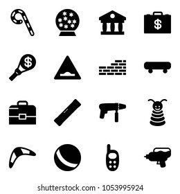 Solid vector icon set - lollipop vector, snowball, bank, money case, torch, artificial unevenness road sign, brick wall, skateboard, level, drill machine, pyramid toy, boomerang, ball, phone