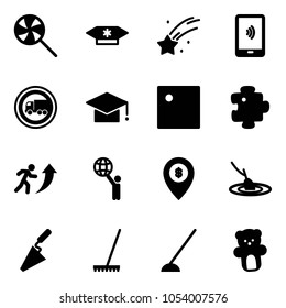 Solid vector icon set - lollipop vector, candy, falling star, mobile payment, no truck road sign, graduate hat, puzzle, career, world, atm map pin, fishing, trowel, rake, hoe, bear toy