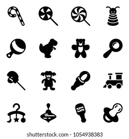 Solid vector icon set - lollipop vector, pyramid toy, beanbag, dinosaur, bear, horse stick, doll, train, baby carousel, wirligig, soother