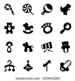 Solid vector icon set - lollipop vector, beanbag, dinosaur toy, bear, rocking horse, wheel, xylophone, baby carousel, wirligig, windmill, soother