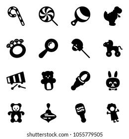 Solid vector icon set - lollipop vector, beanbag, dinosaur toy, horse stick, wheel, xylophone, bear, rabbit, wirligig, doll