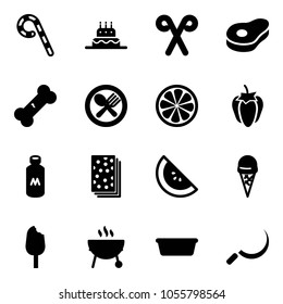 Solid vector icon set - lollipop vector, cake, santa stick, meat, broken bone, fork spoon plate, lemon slice, sweet pepper, milk, breads, watermelone, ice cream, grill, basin, sickle