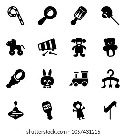 Solid vector icon set - lollipop vector, beanbag, horse stick toy, wheel, xylophone, doll, bear, rabbit, train, baby carousel, wirligig, windmill