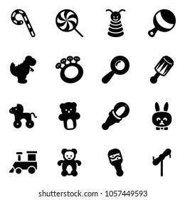 Solid vector icon set - lollipop vector, pyramid toy, beanbag, dinosaur, wheel horse, bear, rabbit, train, windmill