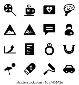 Solid vector icon set - lollipop vector, tea, first aid kit, brain, climb road sign, gravel, chat, manager, growth arrow, document, diamond ring, luck, beach, usb wi fi, paint roller, car