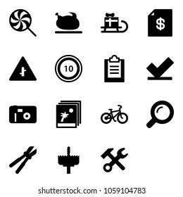 Solid vector icon set - lollipop vector, turkey, sleigh gift, account statement, intersection road sign, speed limit 10, clipboard, check, photo, bike, magnifier, bolt cutter, crown drill
