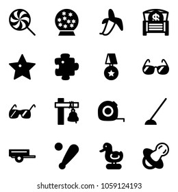 Solid vector icon set - lollipop vector, snowball, banana, money chest, star, puzzle, medal, sunglasses, ship bell, measuring tape, hoe, trailer, baseball bat, toy duck, soother