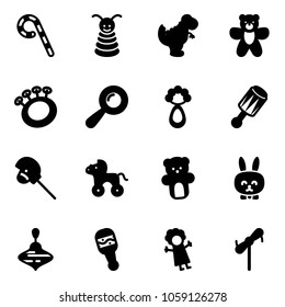 Solid vector icon set - lollipop vector, pyramid toy, dinosaur, bear, beanbag, horse stick, wheel, rabbit, wirligig, doll, windmill