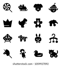 Solid vector icon set - lollipop vector, santa sleigh, dog, christmas elf, crown, dinosaur toy, bear, elephant wheel, ufo, horse, rabbit, baby carousel, unicorn stick, doll, duck, cat