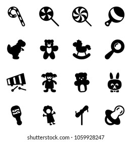 Solid vector icon set - lollipop vector, beanbag, dinosaur toy, bear, rocking horse, xylophone, doll, rabbit, windmill, soother