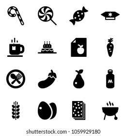 Solid vector icon set - lollipop vector, candy, tea, cake, diet list, carrot, fork spoon plate, eggplant, pear, milk, spica, eggs, breads, grill
