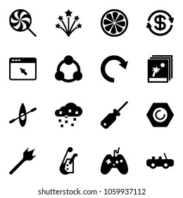 Solid vector icon set - lollipop vector, firework, lemon slice, dollar exchange, cursor browser, social, redo, photo, kayak, snow, screwdriver, nut, wood drill, winch, joystick, toy car