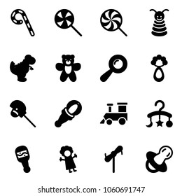 Solid vector icon set - lollipop vector, pyramid toy, dinosaur, bear, beanbag, horse stick, train, baby carousel, doll, windmill, soother