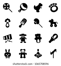 Solid vector icon set - lollipop vector, beanbag, dinosaur toy, horse stick, wheel, xylophone, doll, bear, rabbit, wirligig, windmill