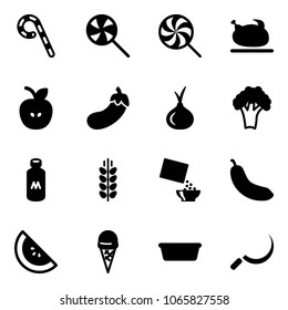 Solid vector icon set - lollipop vector, turkey, apple, eggplant, onion, broccoli, milk, spica, cereal, banana, watermelone, ice cream, basin, sickle