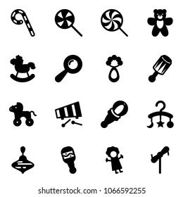 Solid vector icon set - lollipop vector, bear toy, rocking horse, beanbag, wheel, xylophone, baby carousel, wirligig, doll, windmill