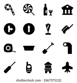 Solid vector icon set - lollipop vector, wine, bank, only forward right road sign, pennant, suitcase, measuring tape, basin, shovel, allen key, awl, phone toy, block house, plane