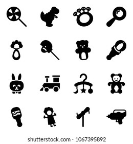 Solid Vector Icon Set - Lollipop Vector, Dinosaur Toy, Beanbag, Horse Stick, Bear, Rabbit, Train, Baby Carousel, Doll, Windmill, Water Gun