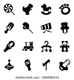 Solid vector icon set - lollipop vector, dinosaur toy, rocking horse, beanbag, stick, xylophone, bear, train, baby carousel, wirligig, windmill, soother