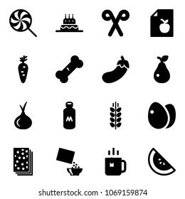 Solid vector icon set - lollipop vector, cake, santa stick, diet list, carrot, broken bone, eggplant, pear, onion, milk, spica, eggs, breads, cereal, green tea, watermelone