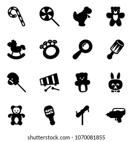 Solid Vector Icon Set - Lollipop Vector, Dinosaur Toy, Bear, Rocking Horse, Beanbag, Stick, Xylophone, Rabbit, Windmill, Water Gun