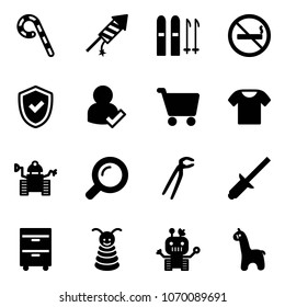 Solid vector icon set - lollipop vector, firework rocket, ski, no smoking sign, shield check, user, cart, t shirt, robot, magnifier, plumber, clinch, tool cabinet, pyramid toy, giraffe