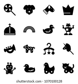 Solid vector icon set - lollipop vector, dog, crown, rainbow, duck toy, robot, horn, horse, baby carousel, unicorn stick, cat