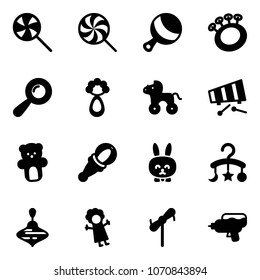 Solid Vector Icon Set - Lollipop Vector, Beanbag, Wheel Horse, Xylophone, Bear Toy, Rabbit, Baby Carousel, Wirligig, Doll, Windmill, Water Gun