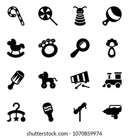 Solid Vector Icon Set - Lollipop Vector, Pyramid Toy, Beanbag, Rocking Horse, Wheel, Xylophone, Train, Baby Carousel, Windmill, Water Gun