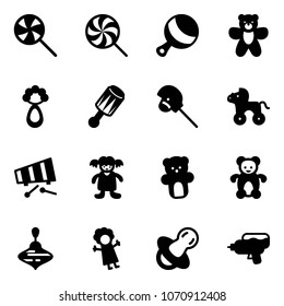 Solid Vector Icon Set - Lollipop Vector, Beanbag, Bear Toy, Horse Stick, Wheel, Xylophone, Doll, Wirligig, Soother, Water Gun