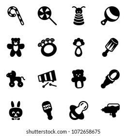 Solid Vector Icon Set - Lollipop Vector, Pyramid Toy, Beanbag, Bear, Wheel Horse, Xylophone, Rabbit, Soother, Water Gun