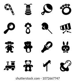 Solid vector icon set - lollipop vector, pyramid toy, beanbag, horse stick, xylophone, doll, bear, rabbit, train, windmill, soother