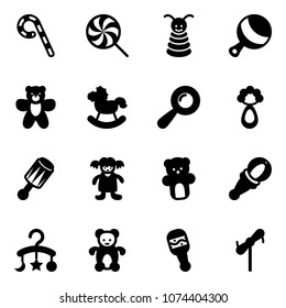 Solid vector icon set - lollipop vector, pyramid toy, beanbag, bear, rocking horse, doll, baby carousel, windmill