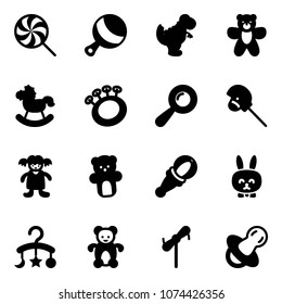 Solid vector icon set - lollipop vector, beanbag, dinosaur toy, bear, rocking horse, stick, doll, rabbit, baby carousel, windmill, soother